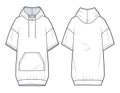 Girl\'s long Sweatshirt design fashion flat template. Oversize Hoodie sweat with short sleeves techical drawing template.