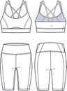 Girl`s sports strappy Bra and Cycling shorts fashion flat technical sketch template.