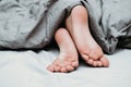 Girl`s toes covered with bed sheet. crop view of a girl in the bed Royalty Free Stock Photo