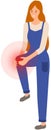 Girl with sad face suffering from knee pain. Painful sensations in leg. Person with joint injury