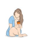 The girl is sad. holds coffee in hand. vector illustration.