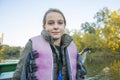 A girl is sailing in a boat in the park Royalty Free Stock Photo