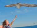 Girl sailing on a ferry and is feeding gulls with bread