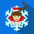 Girl Santa Claus brunette. Christmas New Year`s illustration. top view. skirt in shape snowflake. On a blue background. To