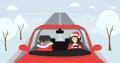Girl in santa hat driving illustration. Woman in Christmas costume sitting at front seat of automobile with big bag with