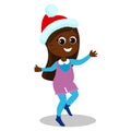 A girl in a Santa Claus hat and overalls is jumping. The child is happy and smiling. Character design. Royalty Free Stock Photo