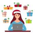 Girl in Santa hat and computer. Gifts selection. Christmas on-line sale. Shopping. Vector