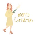 Girl in Santa hat smiles and opens a bottle of champagne. Greeting card. Merry christmas lettering. Young woman