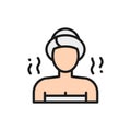 Girl in the sauna, bathhouse flat color line icon.