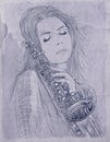 Girl with sax Elegant woman with long hair with antique purple
