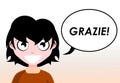 Girl saying thank you, comic, balloon, italian. Royalty Free Stock Photo