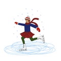 A girl in a scarf is engaged in figure skating. Ice dancing, winter. Vector illustration in flat cartoon style.