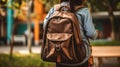 Girl with a School backpack outdoors.Created with Generative AI technology.. AI generated Royalty Free Stock Photo