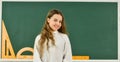 Girl in school classroom copy space. School project. Learn language. Clever teenager student. Educative activity. Small Royalty Free Stock Photo