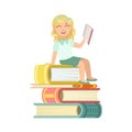 Girl In School Uniform Sitting On Pile Of Giant Books