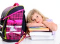 Girl with schoolbag a pile of books