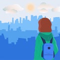 Girl schoolgirl with a backpack looks into the distance. Vector illustration. Childhood protection