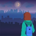 Girl schoolgirl with a backpack looks into the distance. Vector illustration. Childhood protection