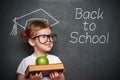 Girl schoolgirl with books and apple in a school board Royalty Free Stock Photo