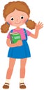 Girl schoolgirl with books in their hands and a school backpack waving his hand