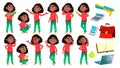 Girl Schoolgirl Kid Poses Set Vector. Black. Afro American. High School Child. Children Study. Knowledge, Learn, Lesson