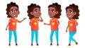 Girl Schoolgirl Kid Poses Set Vector. Black. Afro American. High School Child. Classmate. Life, Emotional, Pose. For