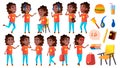Girl Schoolgirl Kid Poses Set Vector. Black. Afro American. High School Child. Children Study. Smile, Activity Royalty Free Stock Photo