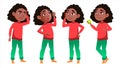 Girl Schoolgirl Kid Poses Set Vector. Black. Afro American. High School Child. Schoolchild. September, Schoolchildren