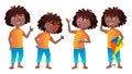 Girl Schoolgirl Kid Poses Set Vector. Black. Afro American. High School Child. Secondary Education. Young, Cute, Comic