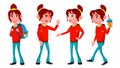 Girl Schoolgirl Kid Poses Set Vector. High School Child. Child Pupil. Subject, Clever, Studying. For Presentation, Print