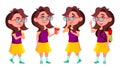 Girl Schoolgirl Kid Poses Set Vector. High School Child. Children Study. Smile, Activity, Beautiful. For Web, Brochure