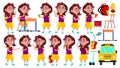 Girl Schoolgirl Kid Poses Set Vector. High School Child. Teenage. Beauty, Lifestyle, Friendly. For Postcard