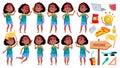 Girl Schoolgirl Poses Set Vector. Black. Afro American Pupil. For Banner, Presentation Design. Isolated Cartoon