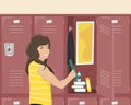 Girl schoolgirl about school locker with things. School corridor. Flat vector illustration
