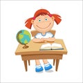 Girl schoolgirl sitting at the table. On the table book globe. V