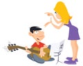 Girl scolds guy with guitar. Illustration for internet and mobile website