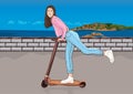 Girl on scooter, cartoon colorful drawing, vector illustration. Painted beautiful woman in jeans and pink sweatshirt in sneakers, Royalty Free Stock Photo