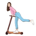 Girl on scooter, cartoon colorful drawing, vector illustration. Painted beautiful woman in jeans and pink sweatshirt in sneakers, Royalty Free Stock Photo