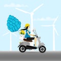 Girl on scooter - vector illustration of brunette in helmet on gray scooter with yellow tulips and  balloons attached to trunk on Royalty Free Stock Photo