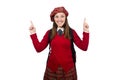 The girl in scottish tartan clothing on white Royalty Free Stock Photo