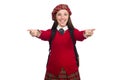 The girl in scottish tartan clothing on white Royalty Free Stock Photo