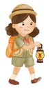 Girl scout with hiking suit hold lamp . Realistic watercolor paint with paper textured . Cartoon character design . Vector