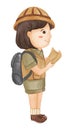 Girl scout with hiking suit hold map . Realistic watercolor paint with paper textured . Cartoon character design . Vector