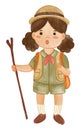 Girl scout with hiking suit hold scout stave . Realistic watercolor paint with paper textured . Cartoon character design . Vector