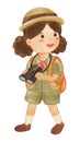 Girl scout with hiking suit look through binoculars . Realistic watercolor paint with paper textured . Cartoon character design .