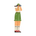 Girl in scout uniform looks through binoculars, vector cartoon summer camp scout character, explorer activities survival