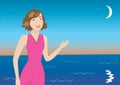 Girl and sea and moon - vector Royalty Free Stock Photo