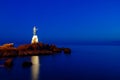 Girl with seagull during blue hour