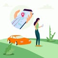 A girl searching car on mobile app, girl searching car following by location illustration concept, Rent a car from unknown locatio Royalty Free Stock Photo