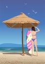 A girl under an umbrella straightens her hair, with a surfboard. Vector